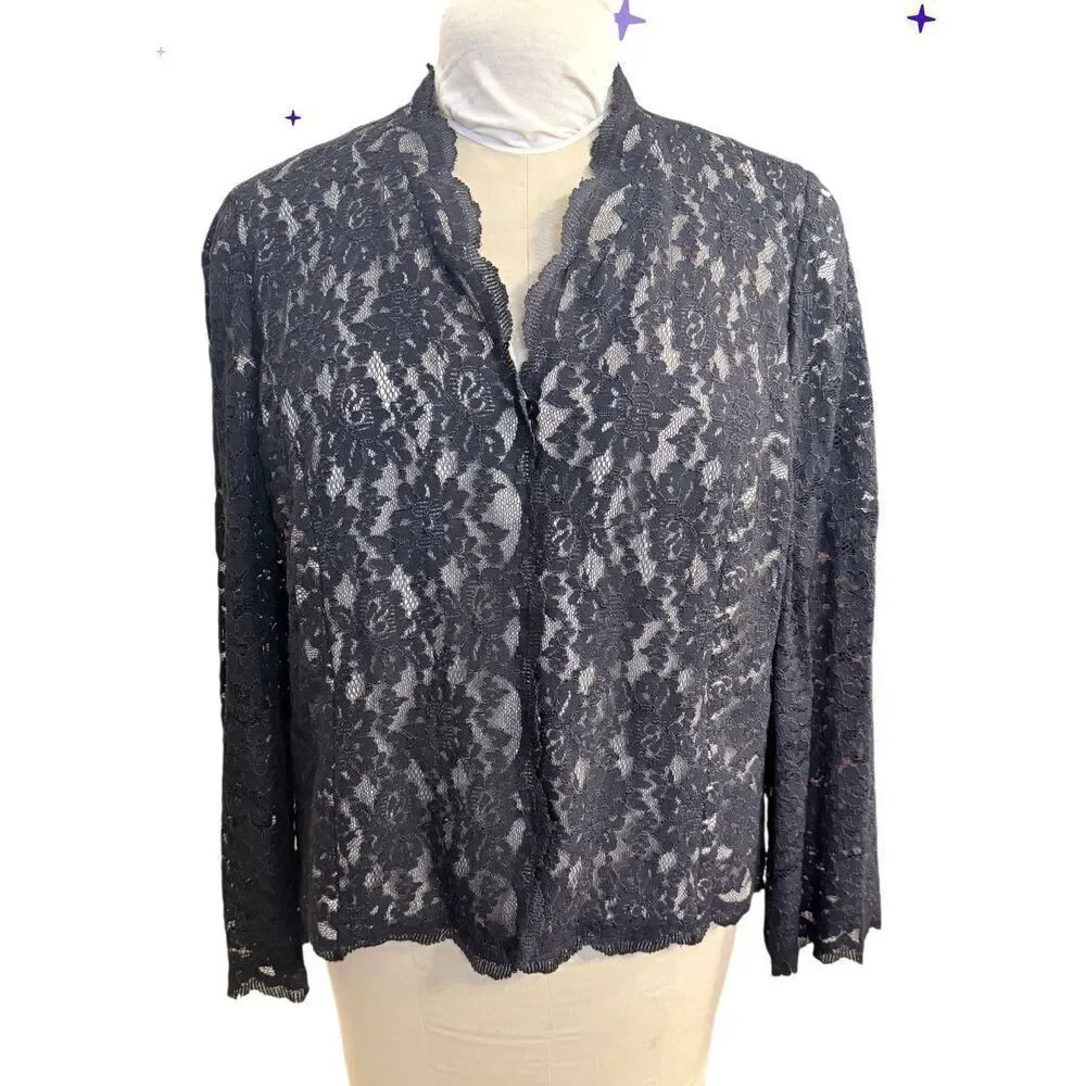 Talbots Black Lace Evening Cardigan Jacket Black Lace Scalloped Neck Lined 14W